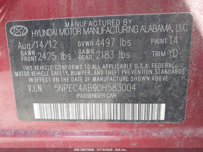 2013 Hyundai Sonata Limited 2.0T VIN: 5NPEC4AB9DH583004 Lot: 39875806