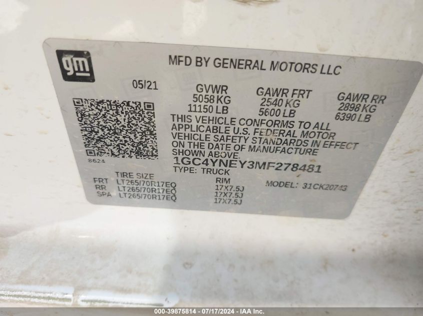 2021 Chevrolet Silverado K2500 Heavy Duty Lt VIN: 1GC4YNEY3MF278481 Lot: 39875814