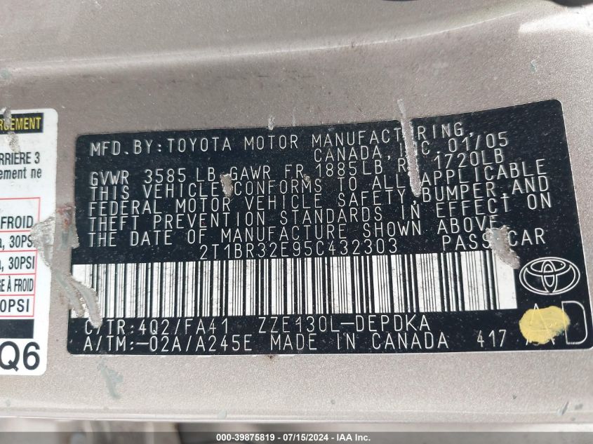 2005 Toyota Corolla Ce VIN: 2T1BR32E95C432303 Lot: 39875819