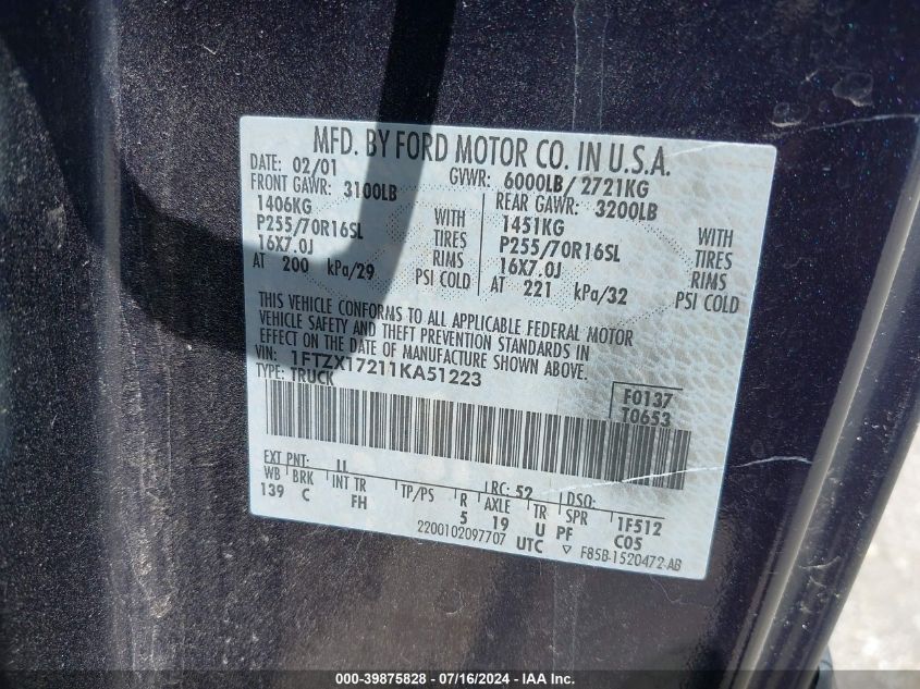 2001 Ford F150 VIN: 1FTZX17211KA51223 Lot: 39875828