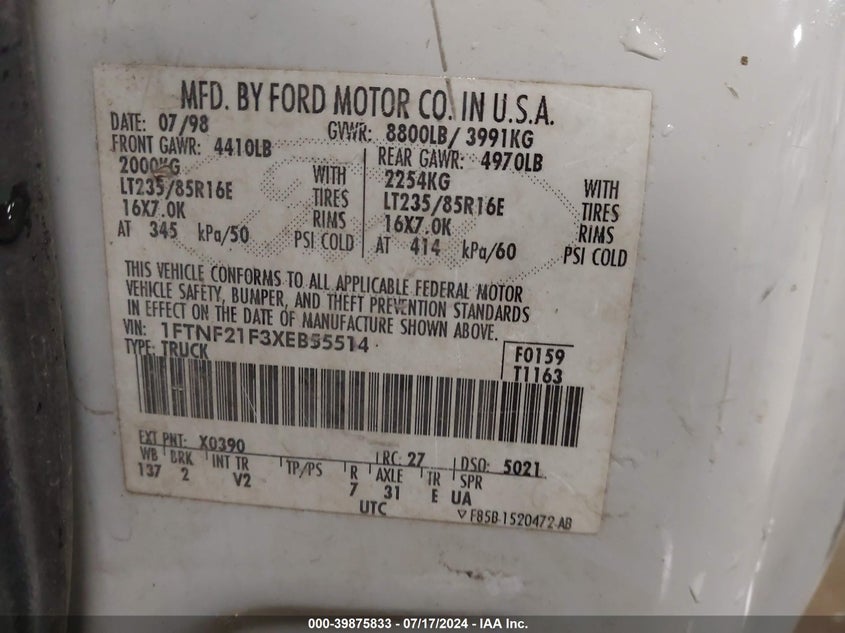 1999 Ford F-250 Lariat/Xl/Xlt VIN: 1FTNF21F3XEB55514 Lot: 39875833