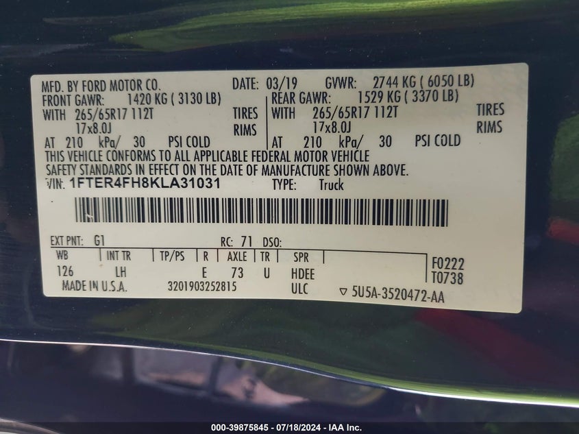 2019 FORD RANGER XLT - 1FTER4FH8KLA31031