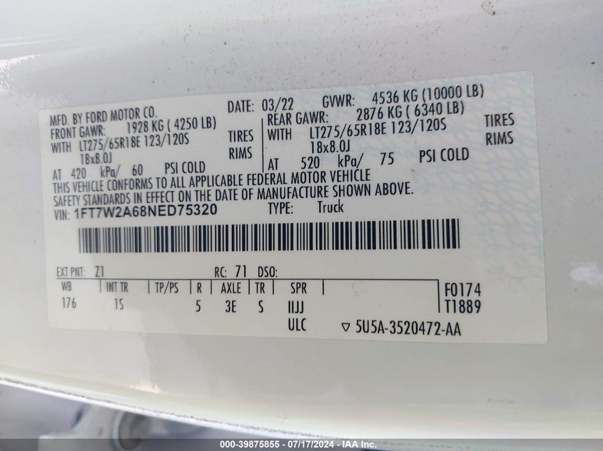 2022 Ford F250 Super Duty VIN: 1FT7W2A68NED75320 Lot: 39875855