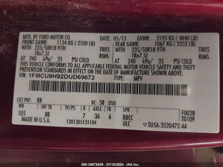 2013 Ford Escape Sel VIN: 1FMCU9H92DUD69672 Lot: 39875859