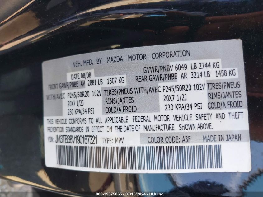 2009 Mazda Cx-9 Grand Touring VIN: JM3TB38V190167321 Lot: 39875865