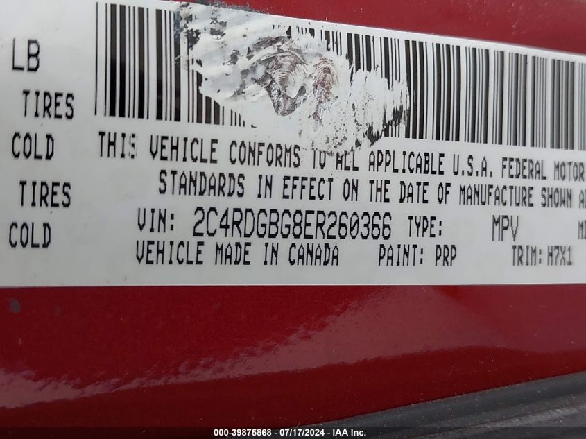 2014 Dodge Grand Caravan Se VIN: 2C4RDGBG8ER260366 Lot: 39875868