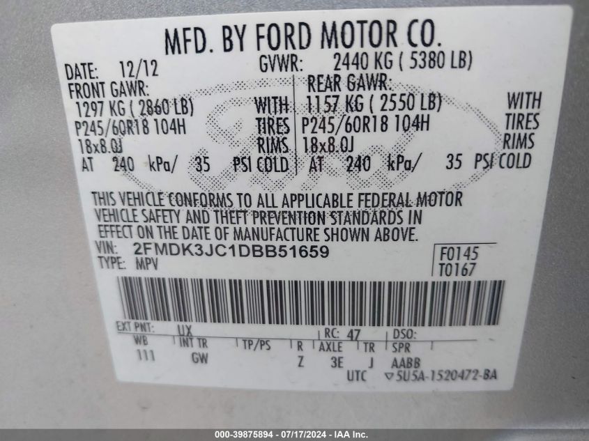 2013 Ford Edge Sel VIN: 2FMDK3JC1DBB51659 Lot: 39875894