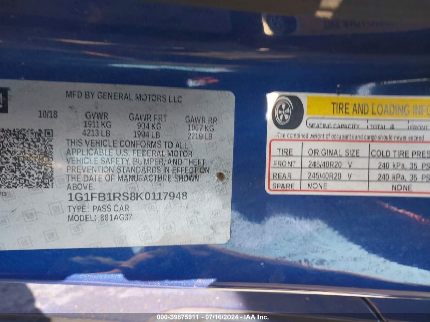 2019 Chevrolet Camaro Ls/Lt VIN: 1G1FB1RS8K0117948 Lot: 39875911