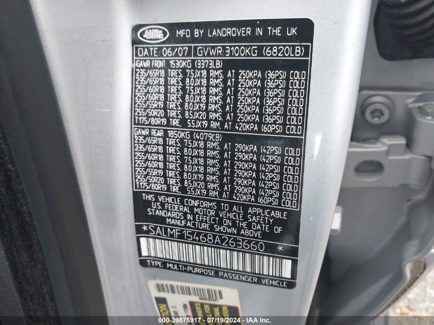 2008 Land Rover Range Rover Hse VIN: SALMF15468A263660 Lot: 39875917