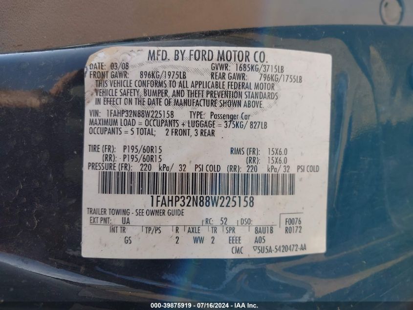 1FAHP32N88W225158 2008 Ford Focus S