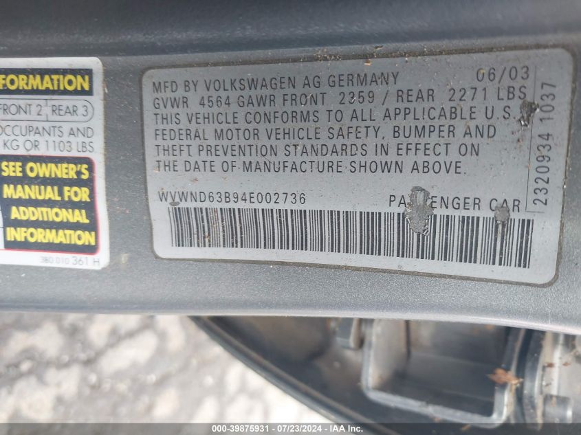 2004 Volkswagen Passat Gl VIN: WVWND63B94E002736 Lot: 39875931