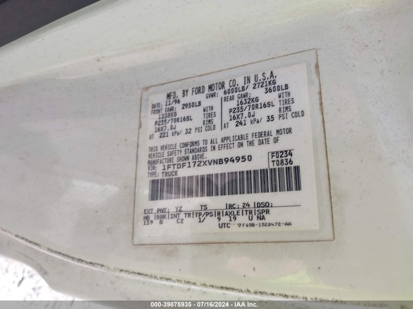 1997 Ford F-150 VIN: 1FTDF172XVNB94950 Lot: 39875935