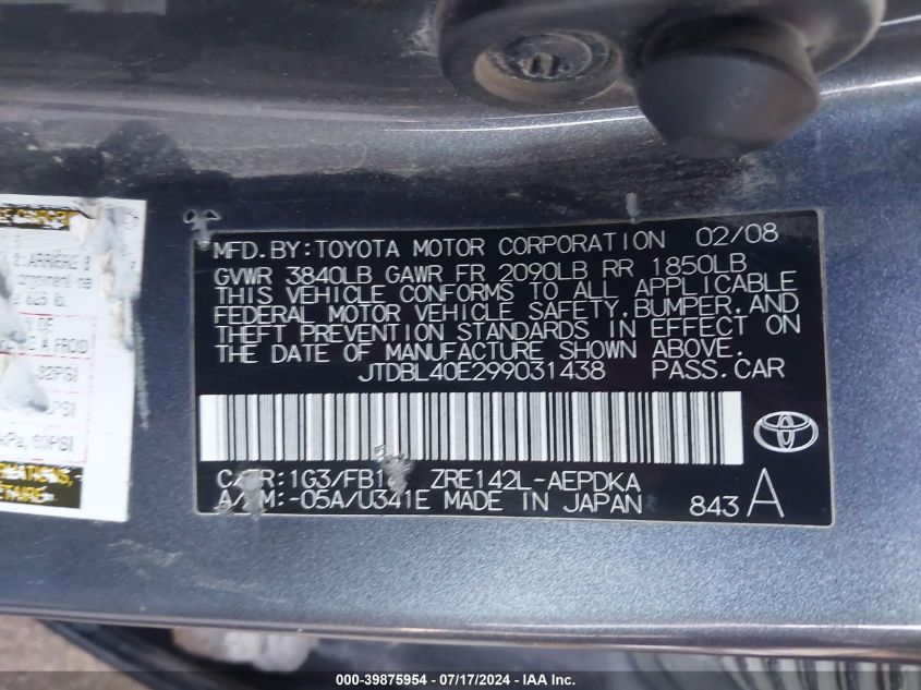 2009 Toyota Corolla Le VIN: JTDBL40E299031438 Lot: 39875954