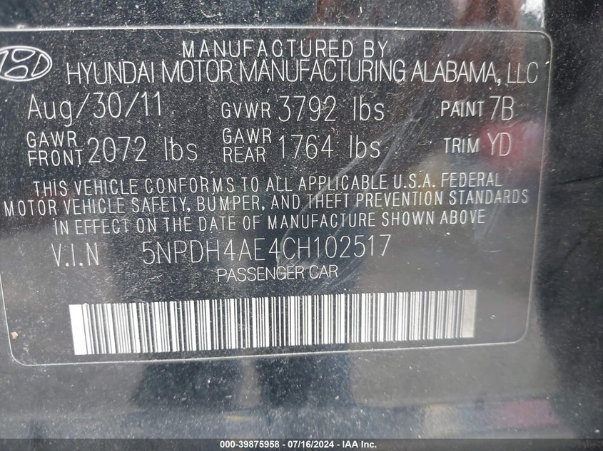 2012 Hyundai Elantra Gls VIN: 5NPDH4AE4CH102517 Lot: 39875958