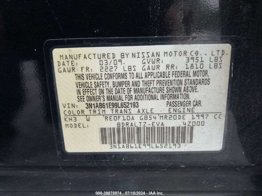 2009 Nissan Sentra 2.0S VIN: 3N1AB61E99L652193 Lot: 39875974