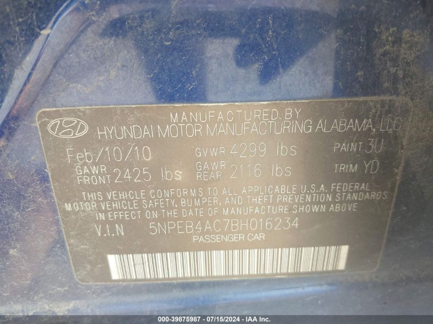 2011 Hyundai Sonata Gls VIN: 5NPEB4AC7BH016234 Lot: 39875987