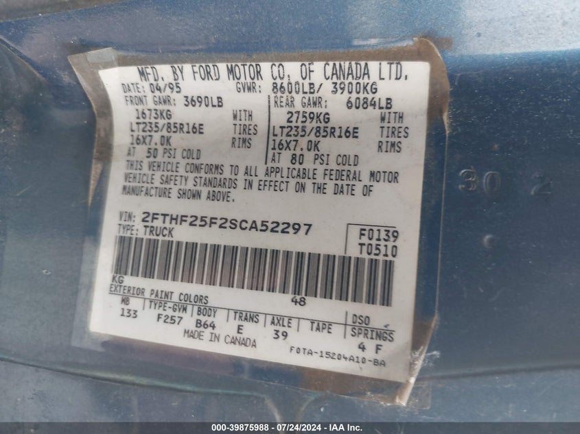 1995 Ford F250 VIN: 2FTHF25F2SCA52297 Lot: 39875988