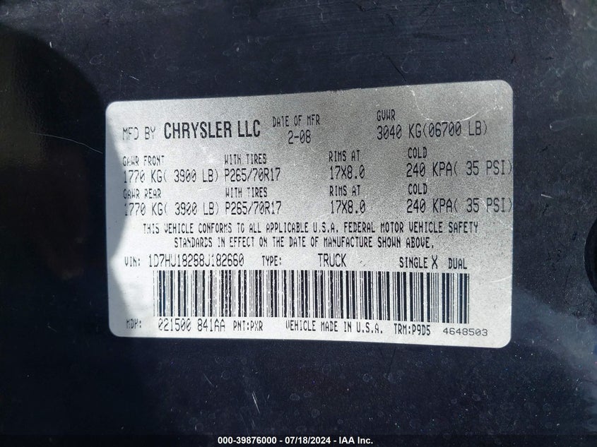 2008 Dodge Ram 1500 St/Sxt VIN: 1D7HU18288J182660 Lot: 39876000