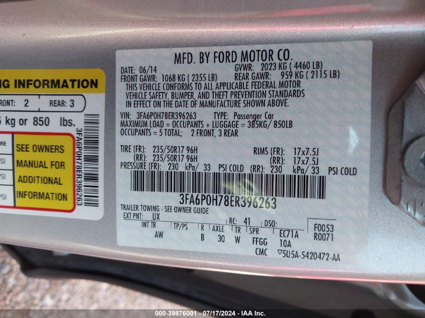 2014 Ford Fusion Se VIN: 3FA6P0H78ER396263 Lot: 39876001