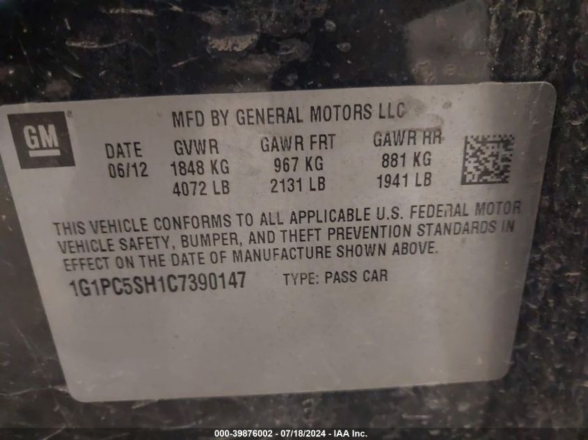 2012 Chevrolet Cruze Ls VIN: 1G1PC5SH1C7390147 Lot: 39876002