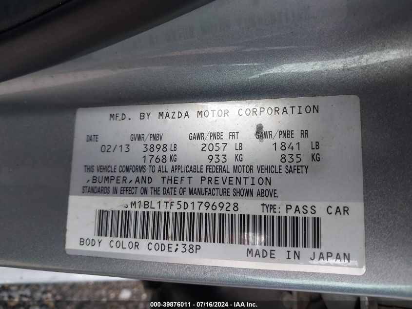 JM1BL1TF5D1796928 | 2013 MAZDA MAZDA3