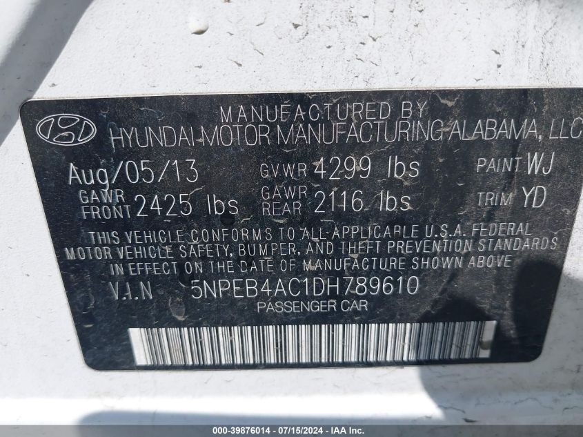2013 Hyundai Sonata Gls VIN: 5NPEB4AC1DH789610 Lot: 39876014