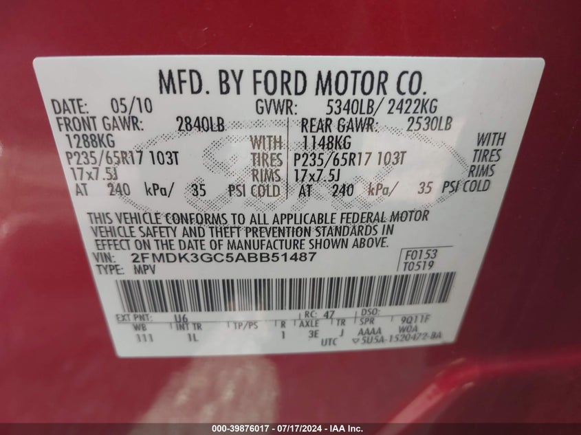 2010 Ford Edge Se VIN: 2FMDK3GC5ABB51487 Lot: 39876017