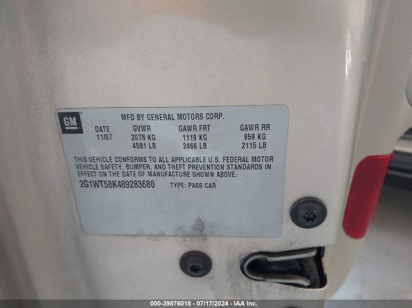 2008 Chevrolet Impala Lt VIN: 2G1WT58K489283680 Lot: 39876018