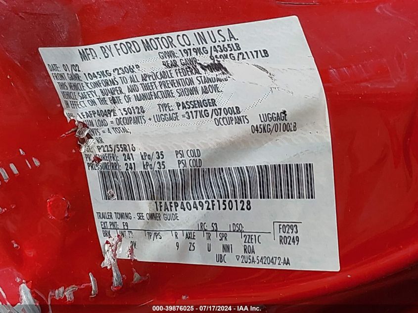 2002 Ford Mustang VIN: 1FAFP40492F150128 Lot: 39876025