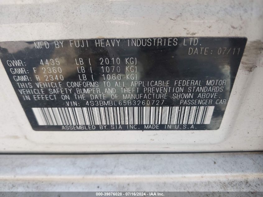2011 Subaru Legacy 2.5I Limited VIN: 4S3BMBL65B3260727 Lot: 39876028