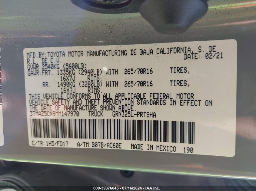 2021 Toyota Tacoma Trd Off-Road VIN: 3TMAZ5CN9MM147970 Lot: 39876045