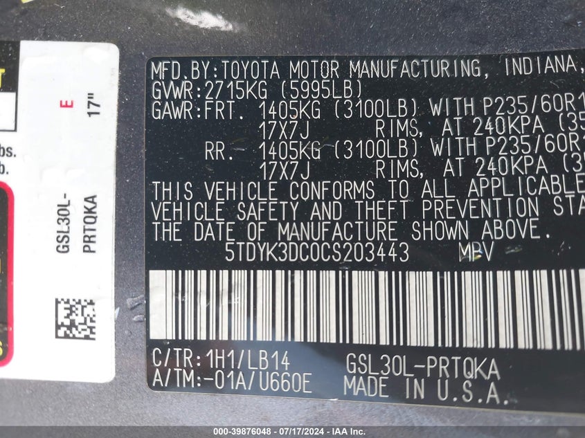 2012 Toyota Sienna Xle V6 8 Passenger VIN: 5TDYK3DC0CS203443 Lot: 39876048