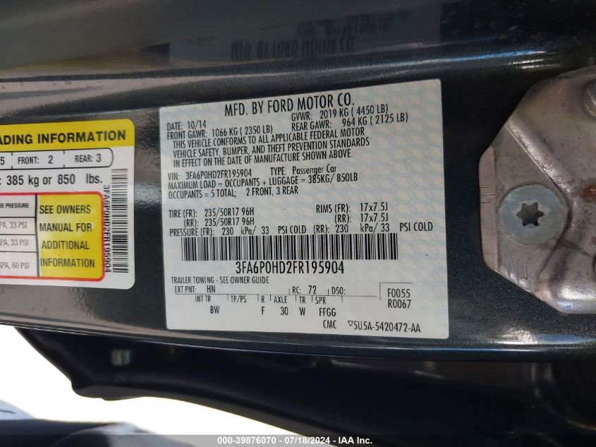 2015 Ford Fusion Se VIN: 3FA6P0HD2FR195904 Lot: 39876070