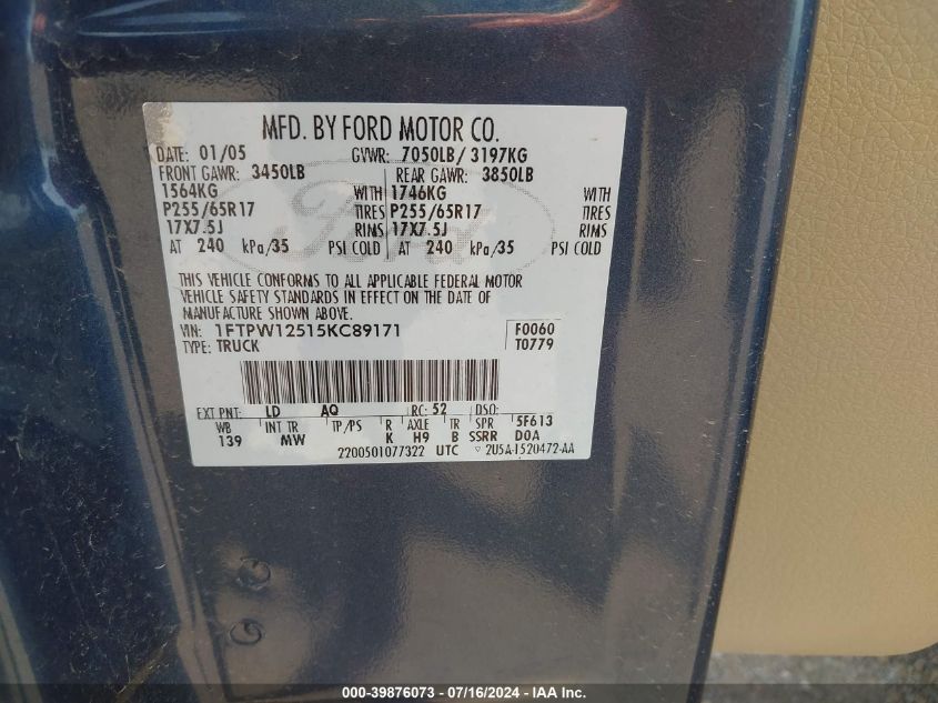 2005 Ford F-150 Lariat/Xlt VIN: 1FTPW12515KC89171 Lot: 39876073