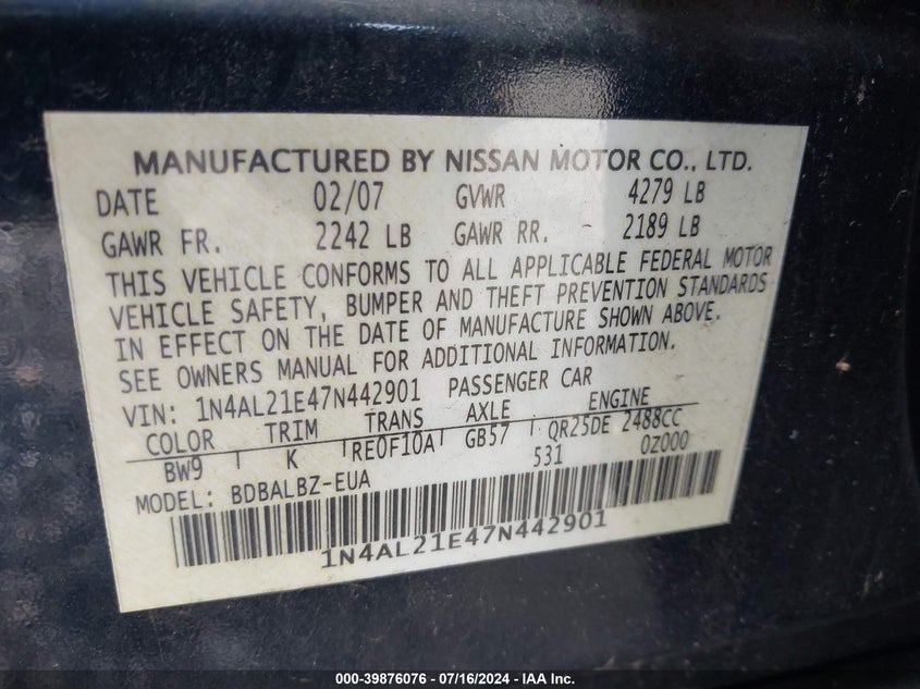 2007 Nissan Altima 2.5/2.5S VIN: 1N4AL21E47N442901 Lot: 39876076
