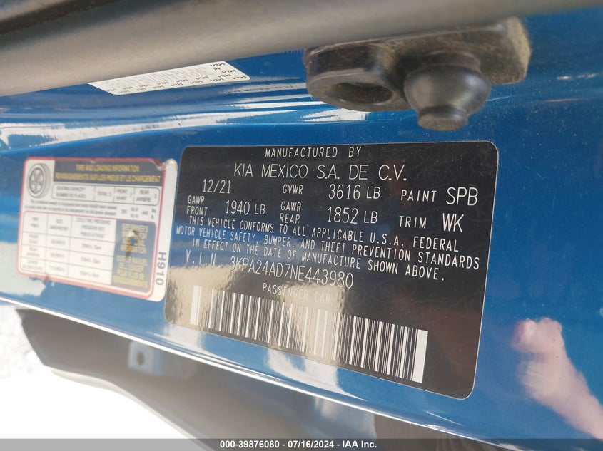 VIN 3KPA24AD7NE443980 2022 KIA RIO LX/S