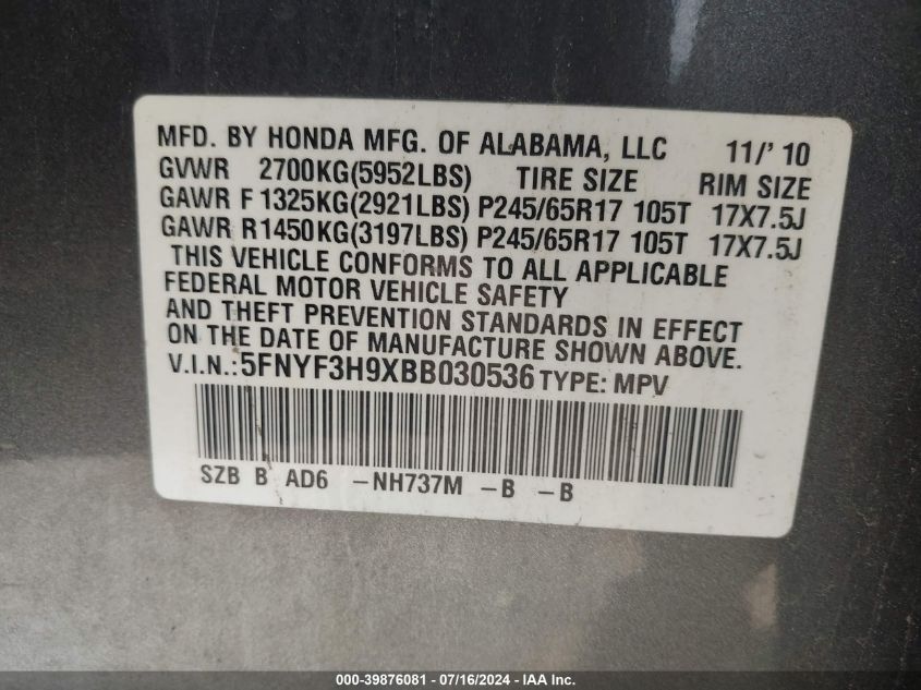 2011 Honda Pilot Touring VIN: 5FNYF3H9XBB030536 Lot: 39876081