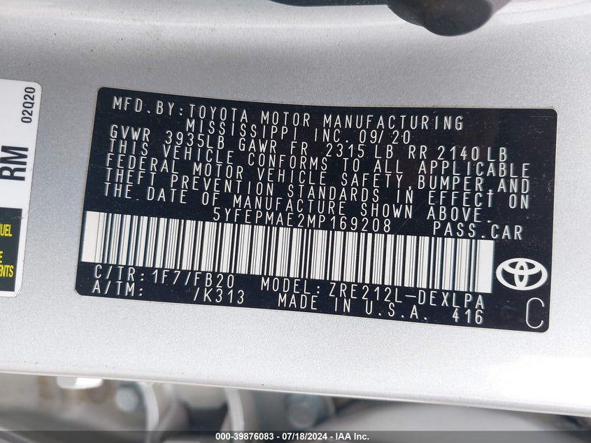 VIN 5YFEPMAE2MP169208 2021 TOYOTA COROLLA LE