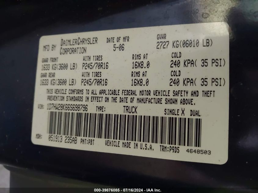 2006 Dodge Dakota St VIN: 1D7HW28K66S698796 Lot: 39876085