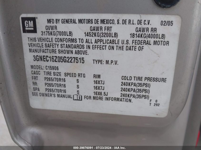 2005 Chevrolet Suburban 1500 Ls VIN: 3GNEC16Z05G227515 Lot: 39876091