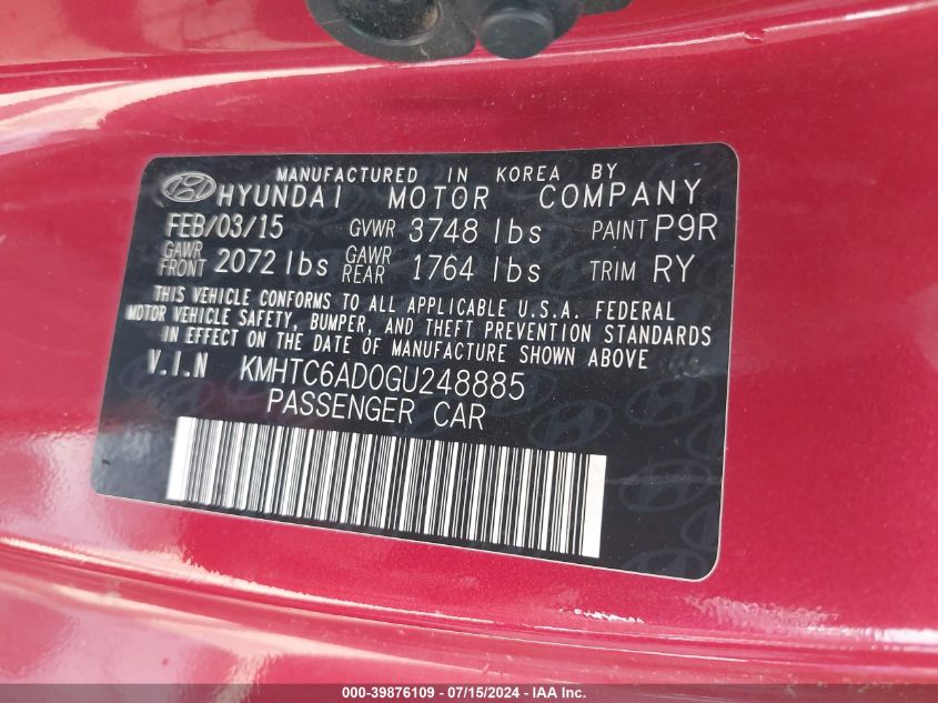 2016 Hyundai Veloster VIN: KMHTC6AD0GU248885 Lot: 39876109