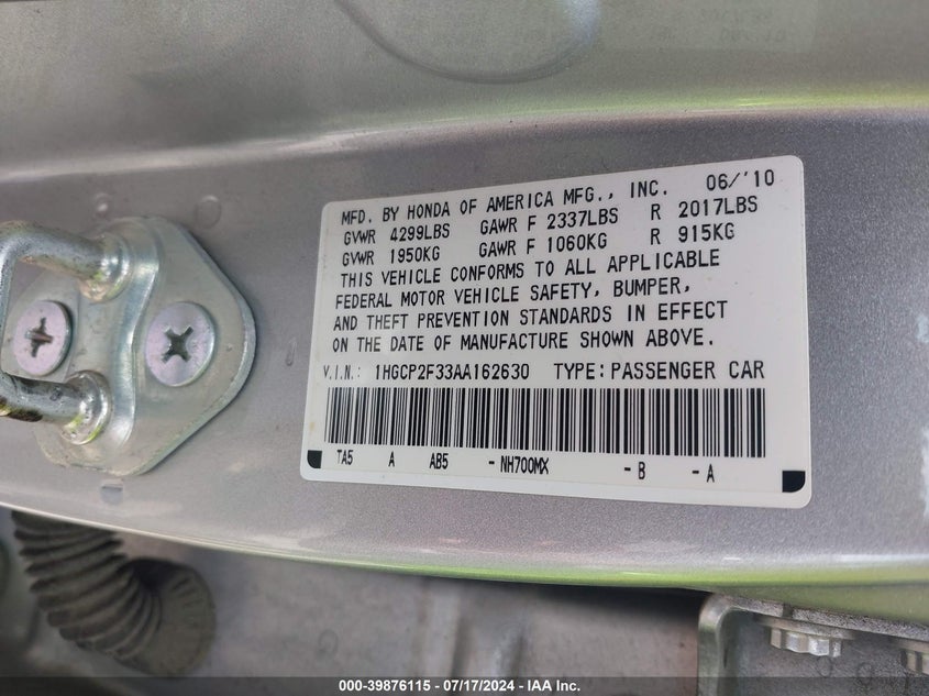 2010 Honda Accord 2.4 Lx VIN: 1HGCP2F33AA162630 Lot: 39876115