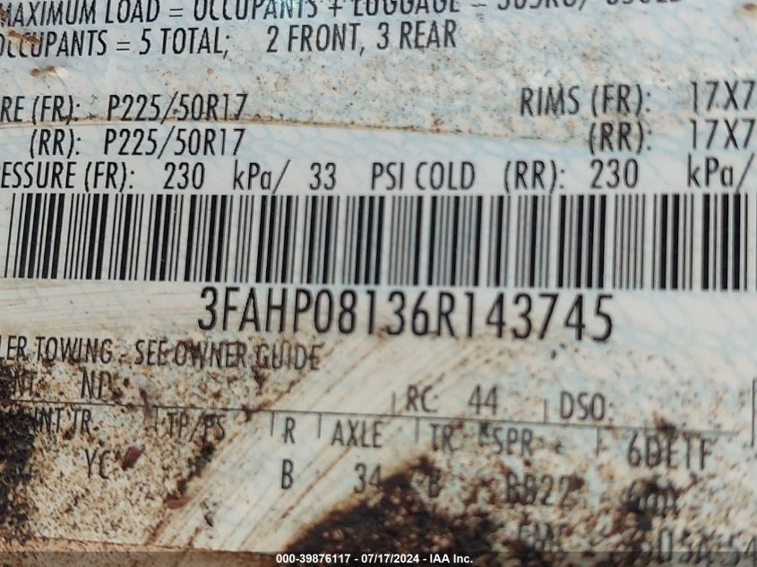 2006 Ford Fusion Sel VIN: 3FAHP08136R143745 Lot: 39876117