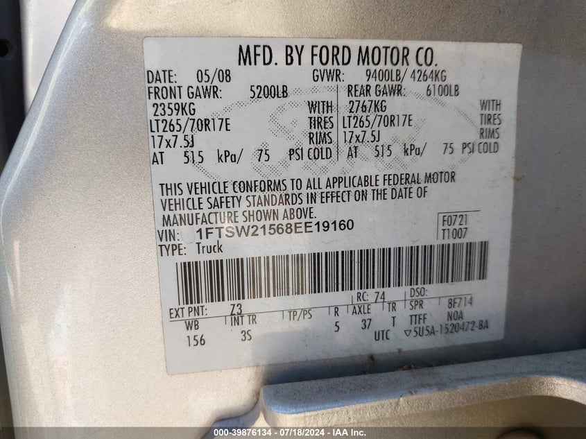2008 Ford F-250 Fx4/King Ranch/Lariat/Xl/Xlt VIN: 1FTSW21568EE19160 Lot: 39876134