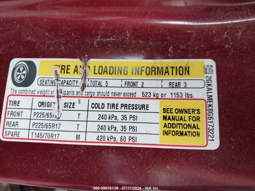 2016 GMC Terrain Sle VIN: 2GKALMEK8G6173221 Lot: 39876139