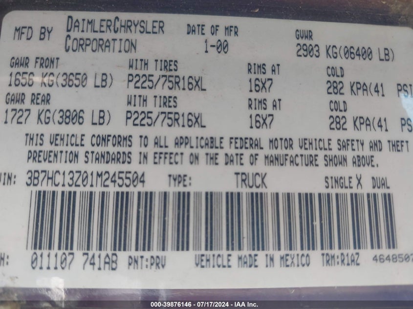 2001 Dodge Ram 1500 St VIN: 3B7HC13Z01M245504 Lot: 39876146
