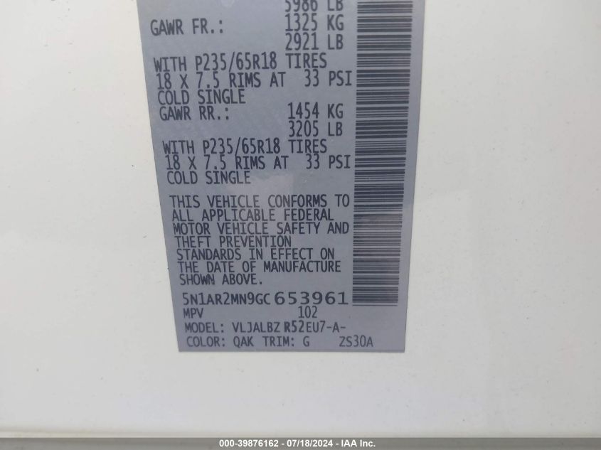 2016 Nissan Pathfinder S/Sv/Sl/Platinum VIN: 5N1AR2MN9GC653961 Lot: 39876162