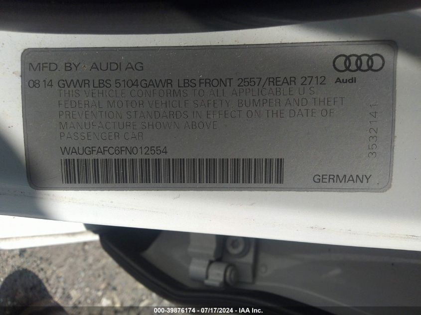 2015 Audi A6 2.0T Premium VIN: WAUGFAFC6FN012554 Lot: 39876174