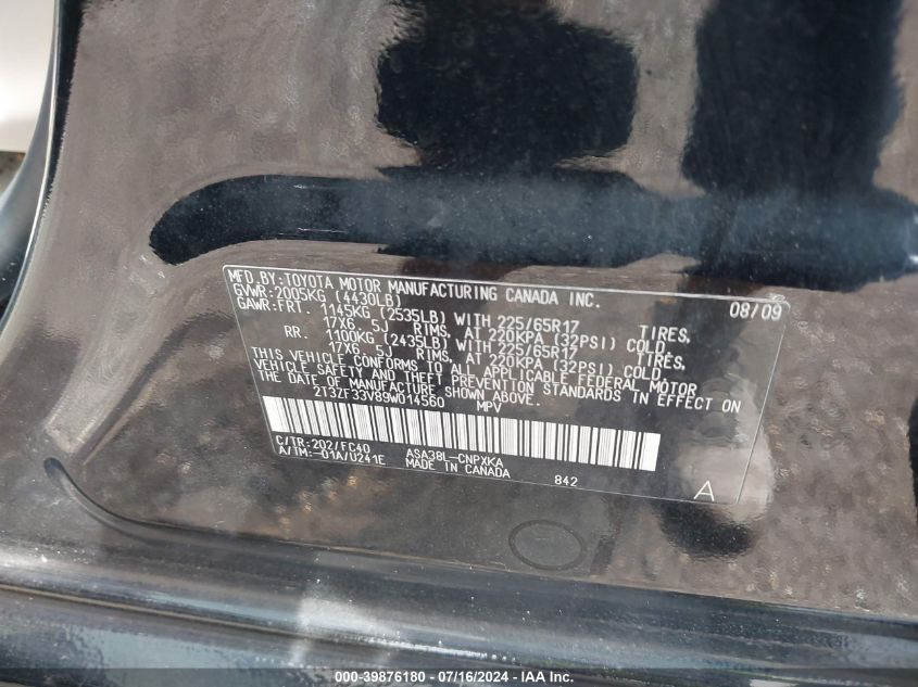 2009 Toyota Rav4 VIN: 2T3ZF33V89W014560 Lot: 39876180