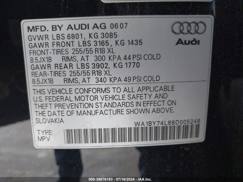 2008 Audi Q7 3.6 Premium VIN: WA1BY74L88D005248 Lot: 39876193